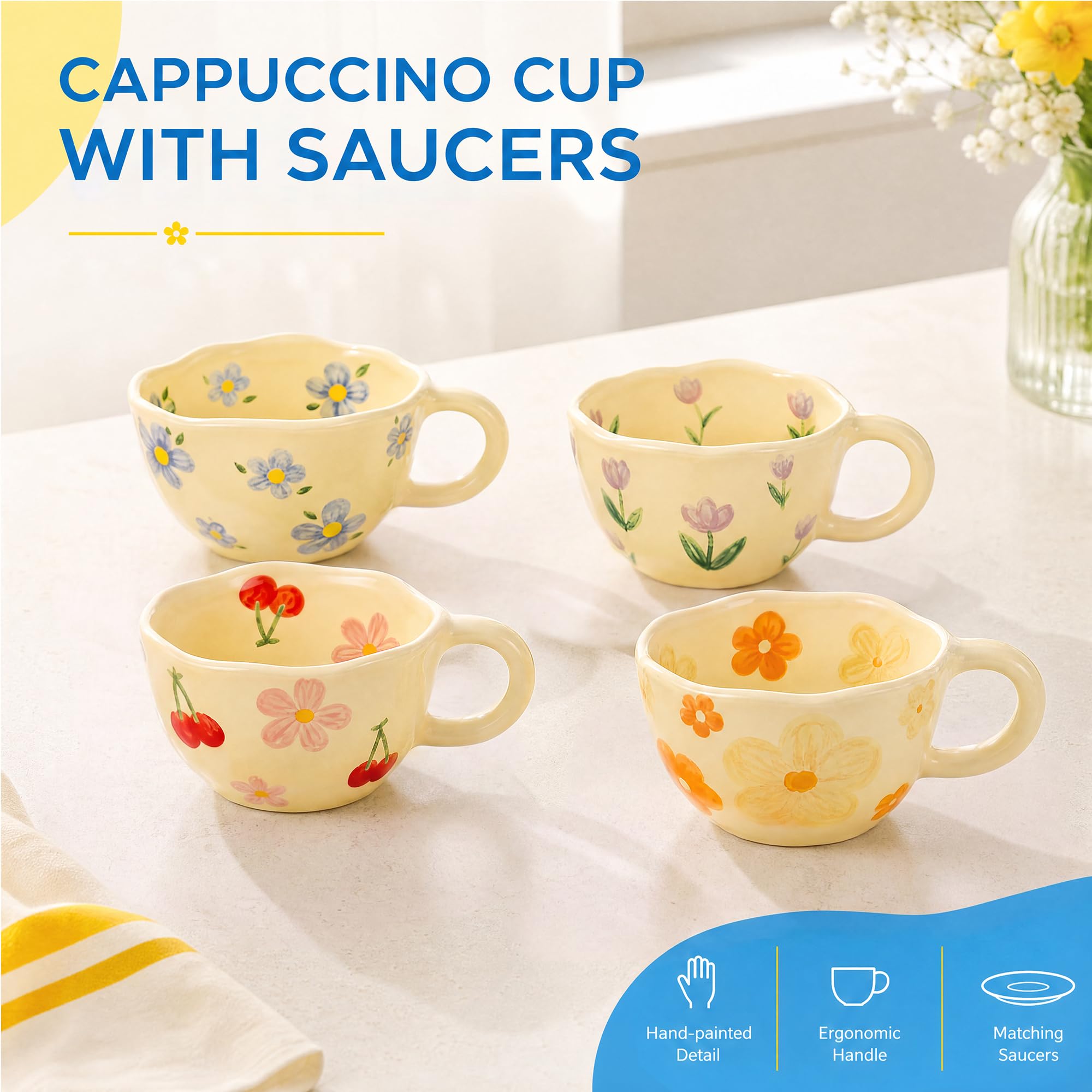 4 Pack Cute Hand Painted Flora - Coffee Tea Love 评论和价格