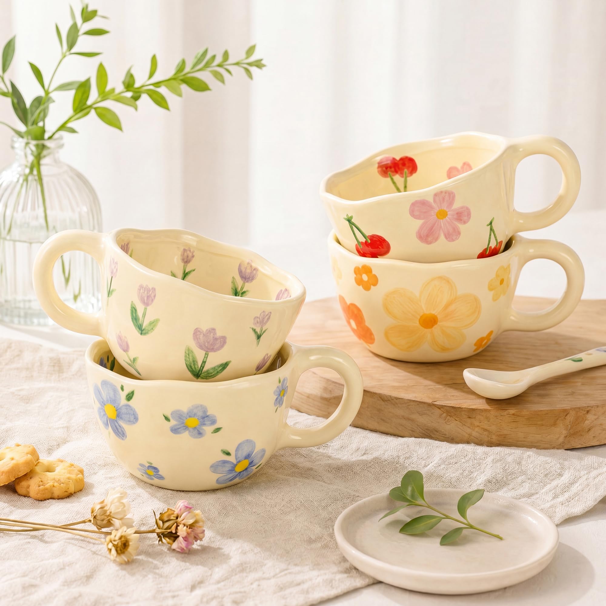 4 Pack Cute Hand Painted Flora - Coffee Tea Love 评论和价格